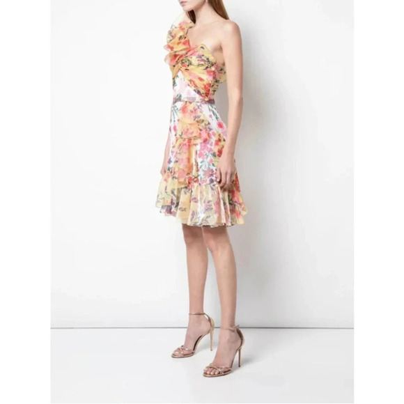 Marchesa Notte Colorblock Floral One-Shoulder Twisted Ruffle Dress Ivory Size 16 - Picture 4 of 13